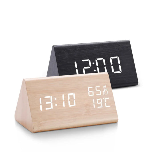 Digital Clock LED Wooden Alarm Clock Table Sound Control USB Home Table Decor