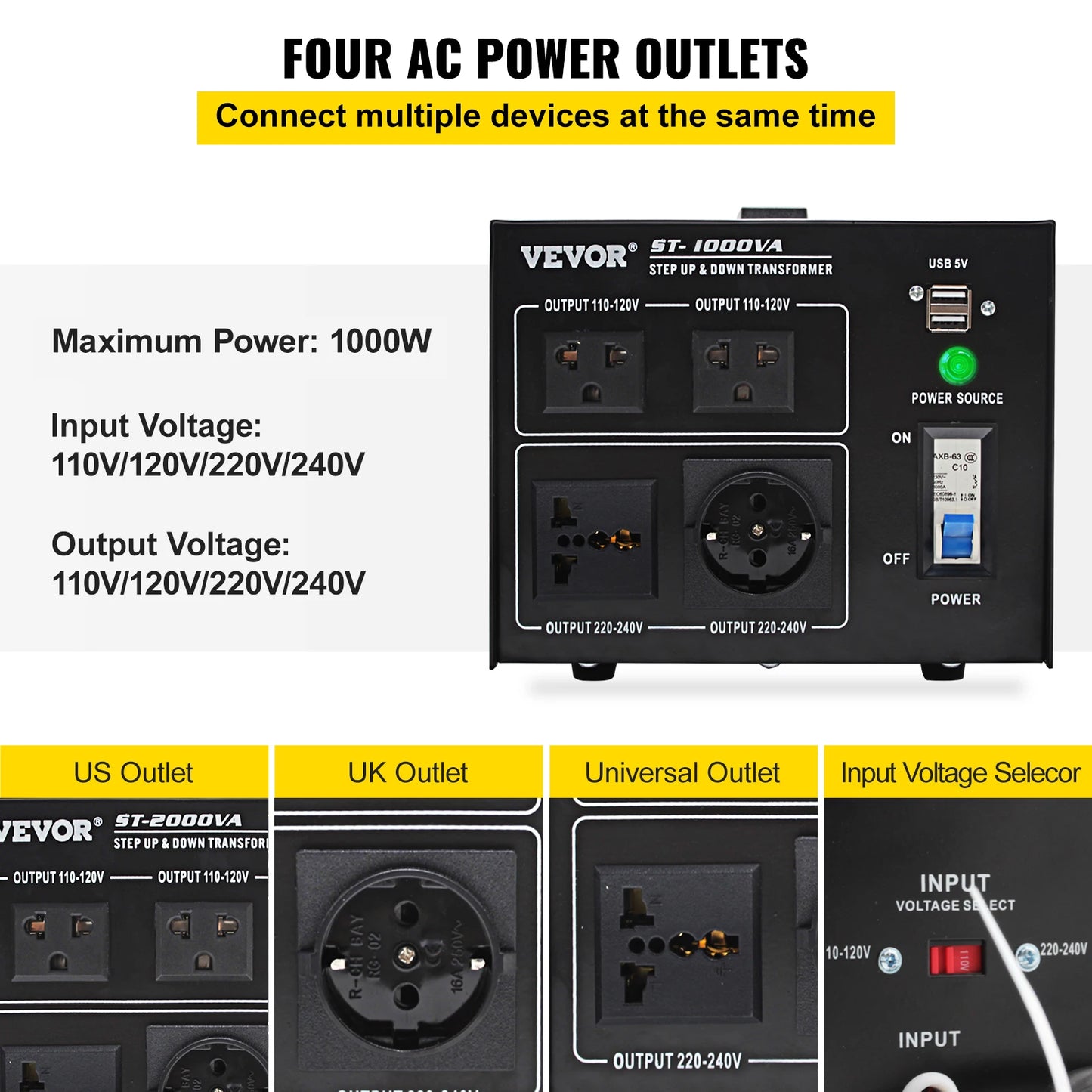 Transformer Voltage Converter 1000/2000/3000/5000 VA with 4 AC Outlets & USB Jack for Electrical Appliances